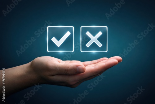 Yes and no decision concept checkmark and cross icons in hand digital evaluation approval rejection