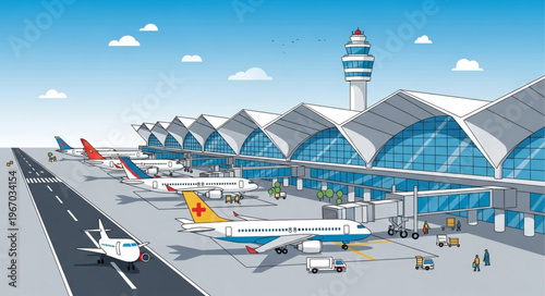 Modern Airport Terminal with Airplanes Lined Up on Tarmac.