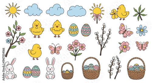 Detailed collection of Easter and spring icons including bunnies, chicks, decorated eggs, and baskets on a clean white background.