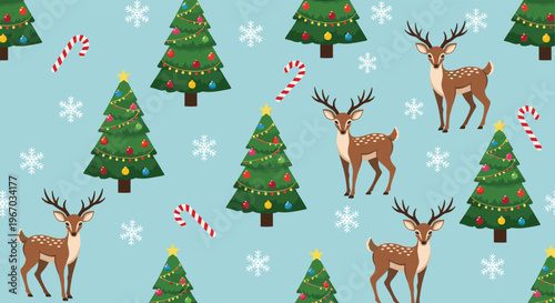 Festive Christmas seamless pattern features decorated pine trees, reindeer, snowflakes, and candy canes on a soft blue background.