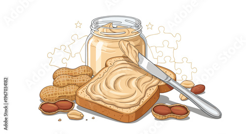 Creamy peanut butter being spread on a slice of fresh toasted bread with a knife alongside a jar and scattered nuts.