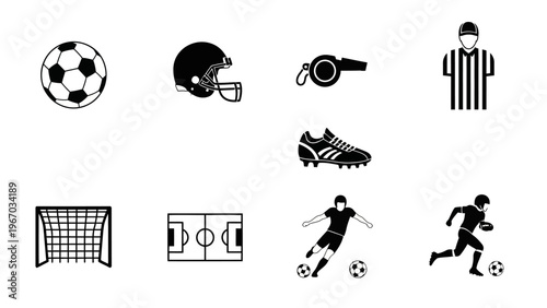 Collection of sports equipment icons including soccer ball helmet and referee set against a white