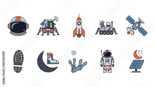 Collection of Space Exploration and Astronaut Equipment Icons Illustrating Rockets, Satellites,