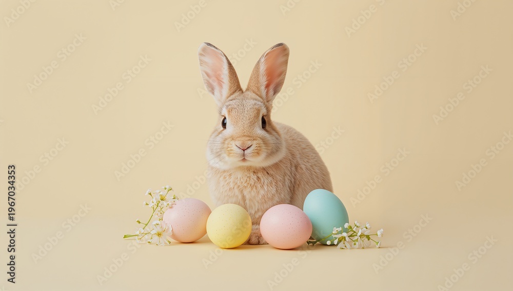 Fototapeta premium Soft rabbit sits beside colorful Easter eggs