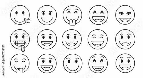 Fifteen black and white line drawings of smiley faces showing various emotions