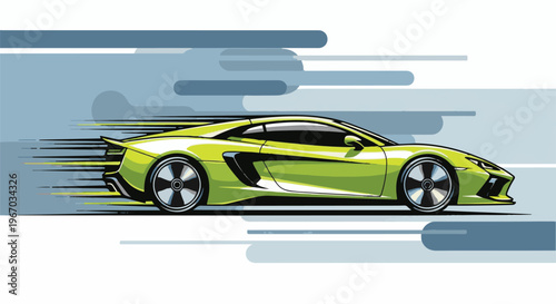 A dynamic, lime green sports car zooms forward with motion blur effects