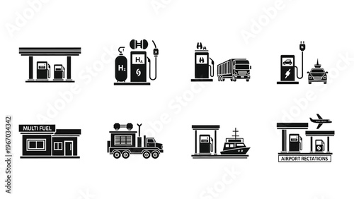 Collection of transportation and fueling station icons representing various energy sources and
