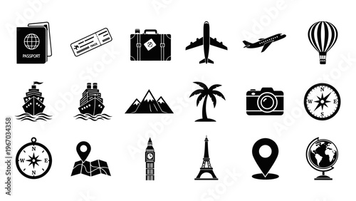 Collection of Travel and Transportation Icons Including Air Travel and Landmarks