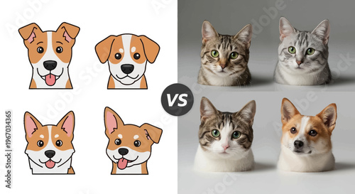 Cute cartoon dogs versus realistic cats and dog faces comparison