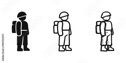 Soldier icon set with helmet and backpack. Military service, army, and outdoor adventure symbols.