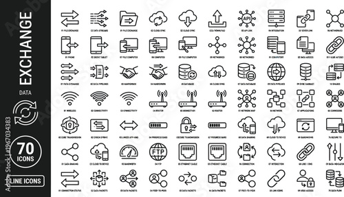 A collection of line icons depicting various data exchange and technology concepts Ai, eps, jpg, transparent background, eps