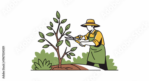 Gardener with shears prunes a leafy sapling in a park setting