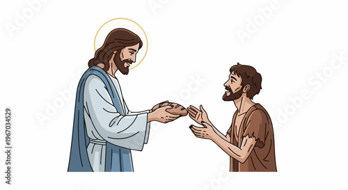 Figure offers bread to man with outstretched hands