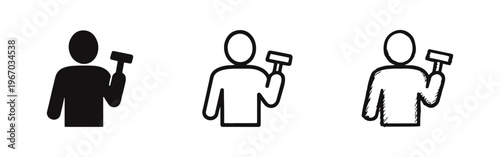 Person holding a hammer icon set. Construction, handyman, and repair worker symbols.