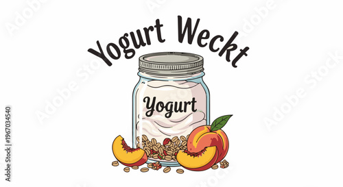 A glass jar filled with creamy yogurt and granola, surrounded by ripe peaches and slices