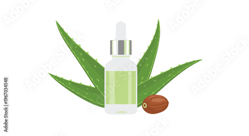 A clear glass dropper bottle with a silver cap is placed in front of two large aloe vera leaves and a single brown nut.