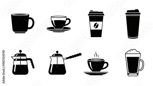 Collection of various coffee and tea cups and mugs with different styles and sizes for beverages