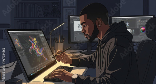 Man working on computer at night in dark room.