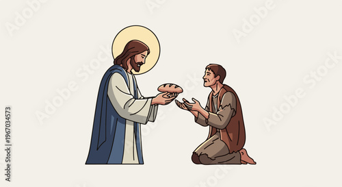 Figure gives bread to kneeling person