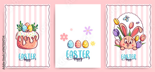 Easter Cards Bunny Cake Eggs Cartoon Set
