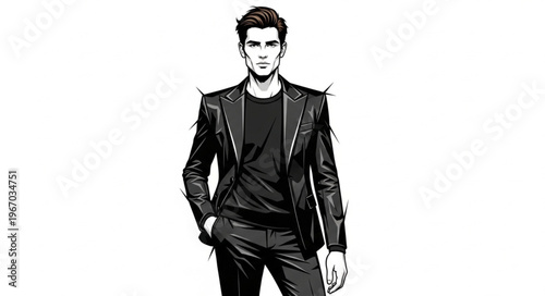 Stylish Man Wearing Leather Jacket and Trousers Standing Confidently.