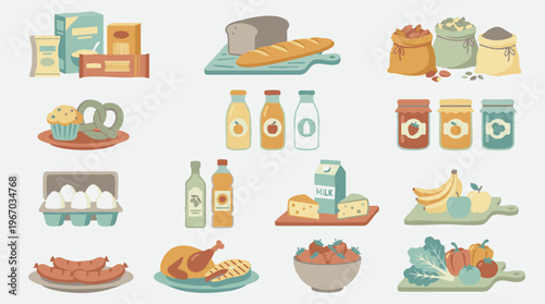 Assortment of various food products, groceries, and fresh produce illustration