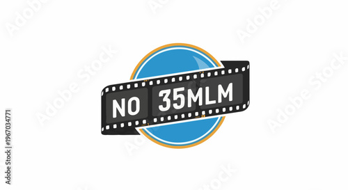 Film reel graphic with text "NO 35MLM" on a blue and orange circle background