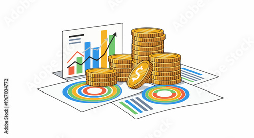 Financial charts and stacks of golden coins with dollar sign