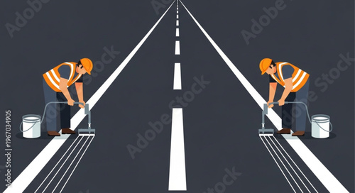 Road workers painting white lines on asphalt highway.