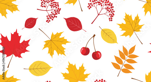 Colorful autumn seamless pattern with maple leaves rowan berries and red cherries for fall seasonal decorations.