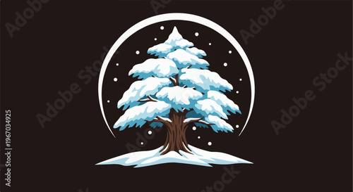 A snow-covered coniferous tree stands in the middle of a snowy landscape