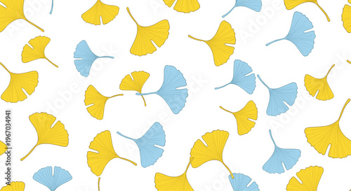 Seamless pattern of yellow and blue ginkgo biloba leaves on white background for autumn nature and herbal medicine themed design concepts.