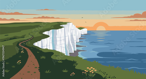 Coastal cliffs meet the sea at sunset, with a path winding through green hills