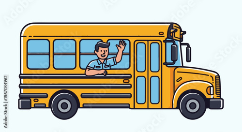 Cheerful driver waves from yellow school bus window