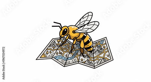 A stylized bee stands on a folded map depicting mountains and rivers