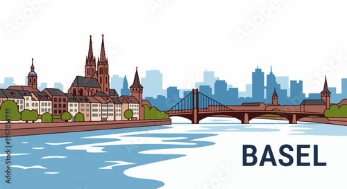 Cityscape with river, bridge, and historic buildings, text at bottom