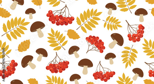 Autumn forest harvest seamless pattern with brown mushrooms, red rowan berries, and yellow leaves on a white background.