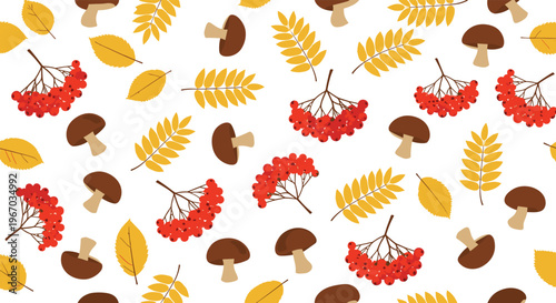 Seamless pattern of autumn elements featuring brown mushrooms red rowan berries and yellow leaves on white background for seasonal decoration.