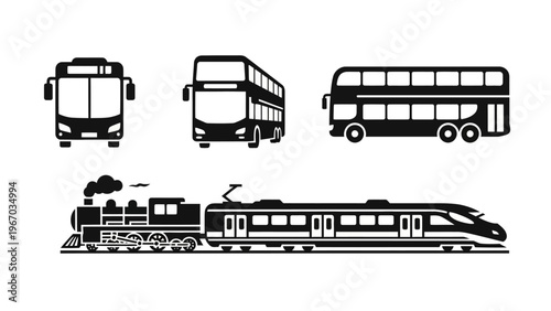 Collection of Various Transport Modes Including Buses and High-Speed Train
