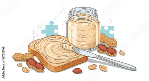 Composition of a peanut butter jar, a slice of bread with spread, and various peanuts in shells and kernels on a white background.