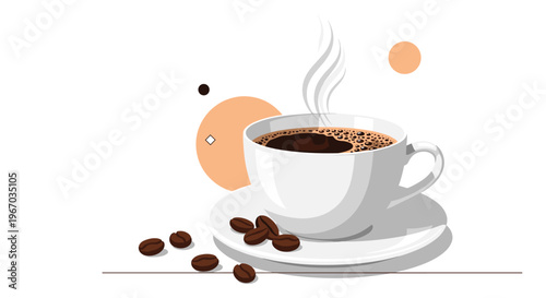 Steaming cup of hot black coffee on a white saucer with coffee beans scattered around on a minimalist background with shapes.