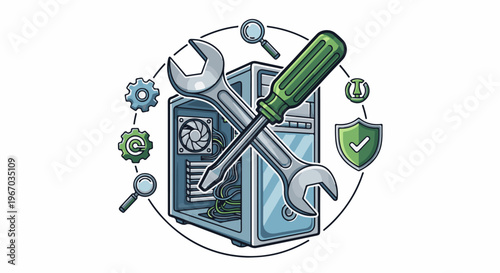 Computer repair illustration with tools, gears, magnifying glass, and shield