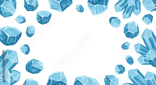 Multiple blue ice crystals and geometric shards form a decorative border around a central white space.
