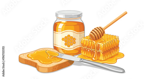 Delicious composition of a honey jar, a fresh honeycomb, a wooden honey dipper, and honey being spread on a slice of bread.