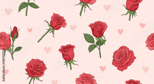 Beautiful seamless pattern with red rose flowers and pink hearts on light background for romantic gift wrap or wallpaper.