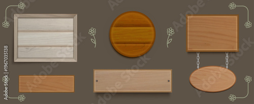 Rustic wooden sign boards set. Vector realistic illustration of plank frame signboards of different shape for game design, farm label, vintage billboard with natural timber texture, blank rural banner