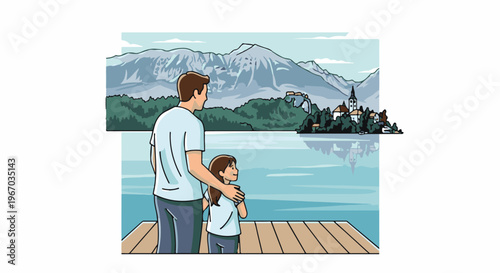 Father and daughter admire a lakeside village with mountains