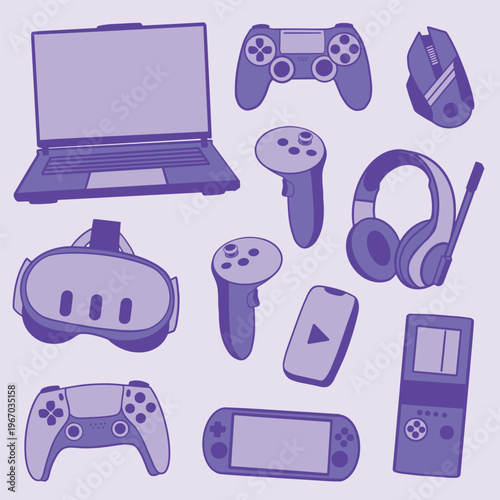 Purple gaming devices illustration set, gradient tech gadgets collection in modern vibrant style.Modern gaming devices illustration set in vibrant purple gradient style.