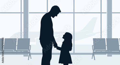 Father and daughter holding hands at airport, airplane in background