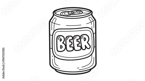 Can of beer with a bold outlined label in a simple cartoon style illustration featuring beverage, drink, alcohol with refreshment and liquid elements